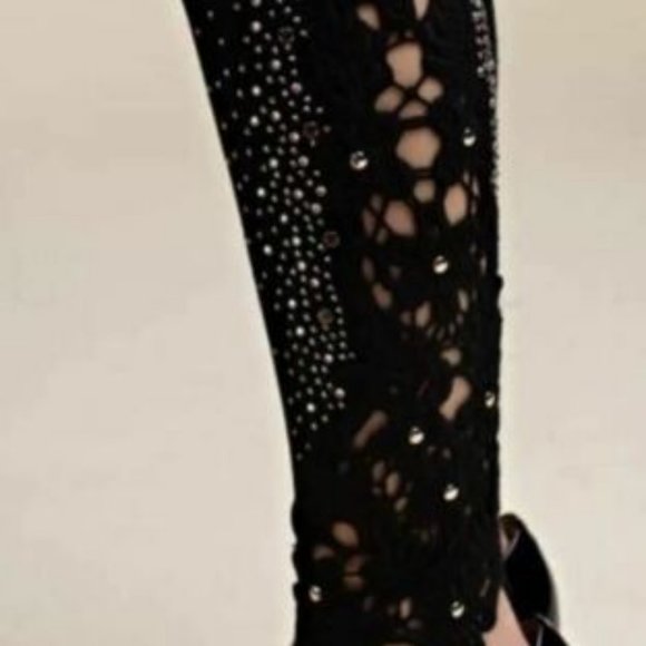 NWT VOCAL CRYSTAL LACE & STONES SLIMMING slenderizing LEGGINGS SM-4X BLK rocker - Picture 4 of 9